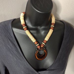 Very Cool Wooden Bead And Pendant Necklace 19 Inches Long